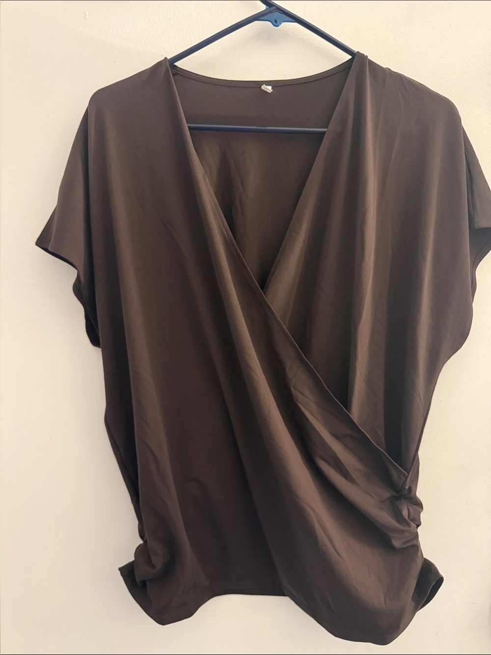 HALARA Brown Wrap Front Short Sleeve Blouse